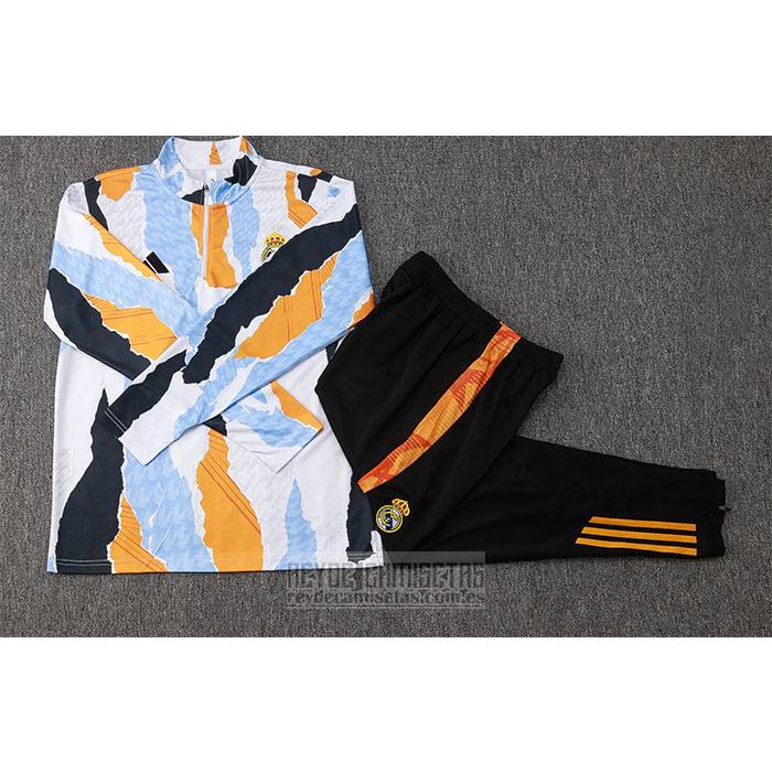 Chandal de Sudadera del Real Madrid Nino 2024-2025 Blanco y Amarillo